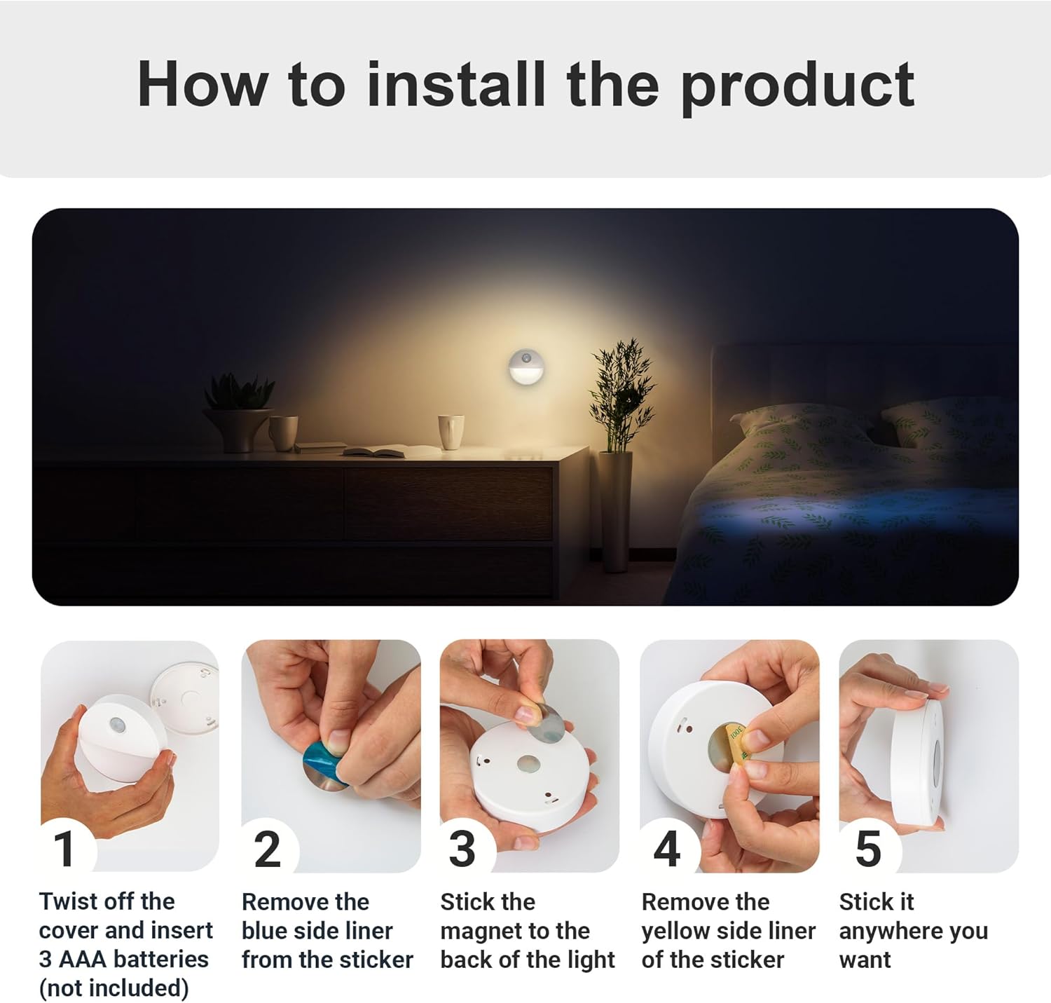 Motion Sensor Night Light Pack of 3 – Battery LED Stick-On Cold White