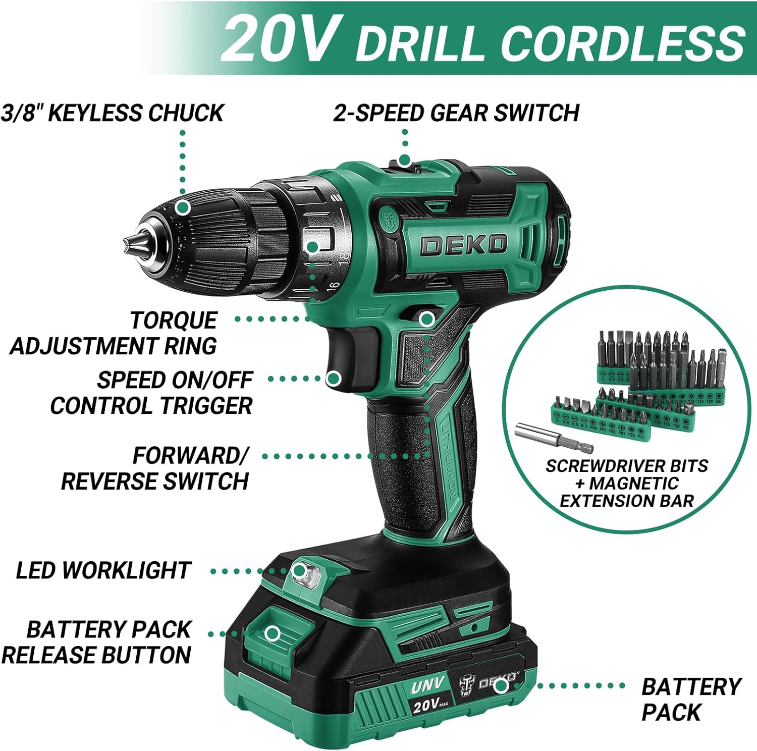 DEKO 20V Power Drill Tool Box with Battery Electric Drill Driver for Men Home Hand Repair Basic Toolbox Tools Set, 186 Pieces (Green)