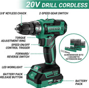 DEKO 20V Power Drill Tool Box with Battery Electric Drill Driver for Men Home Hand Repair Basic Toolbox Tools Set, 186 Pieces (Green)