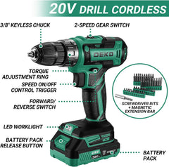 DEKO 20V Power Drill Tool Box with Battery Electric Drill Driver for Men Home Hand Repair Basic Toolbox Tools Set, 186 Pieces (Green)