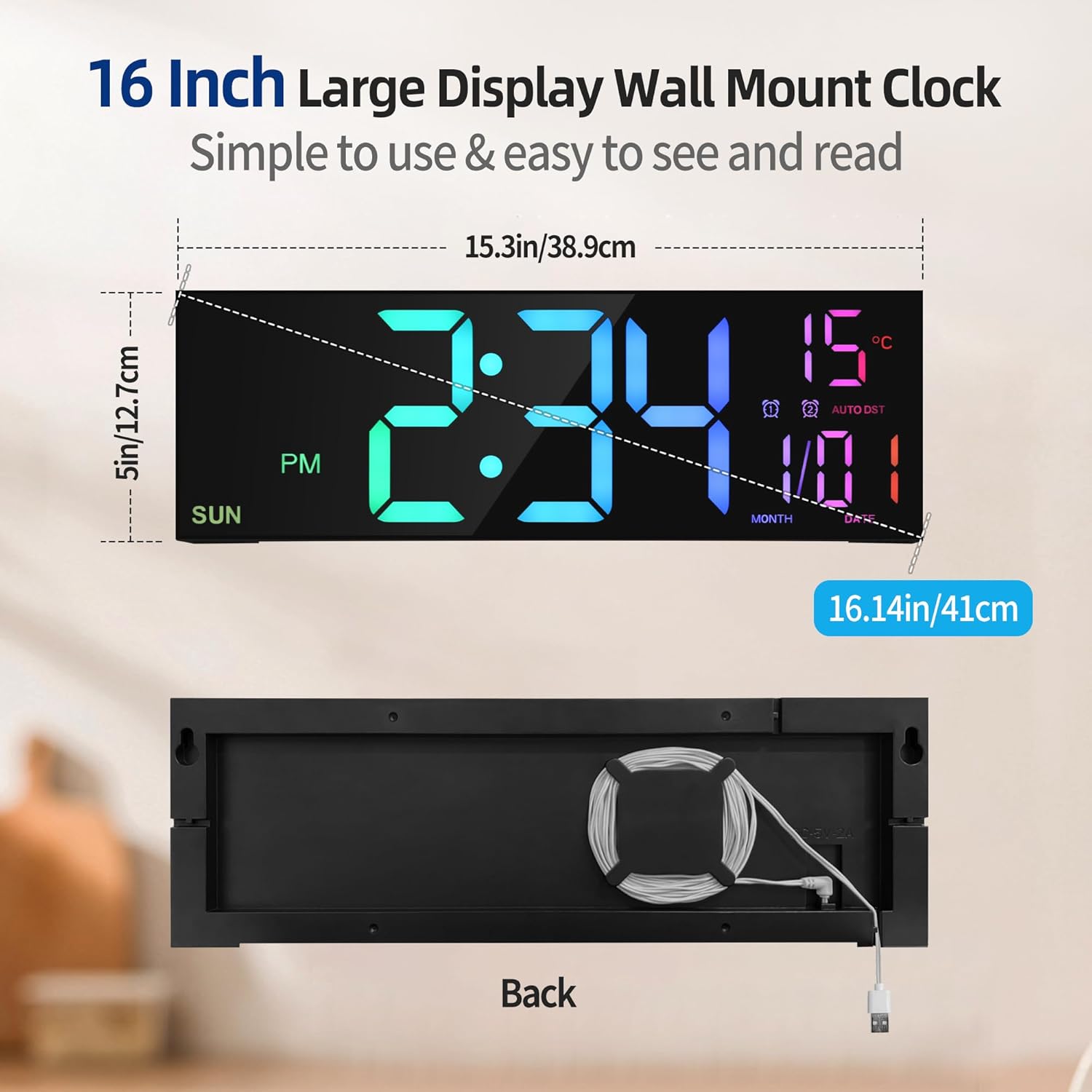 16.5" Large LED Digital Wall Clock with Remote, Dual Alarm, RGB Colors, Date & Temperature Display