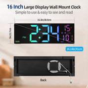 16.5" Large LED Digital Wall Clock with Remote, Dual Alarm, RGB Colors, Date & Temperature Display