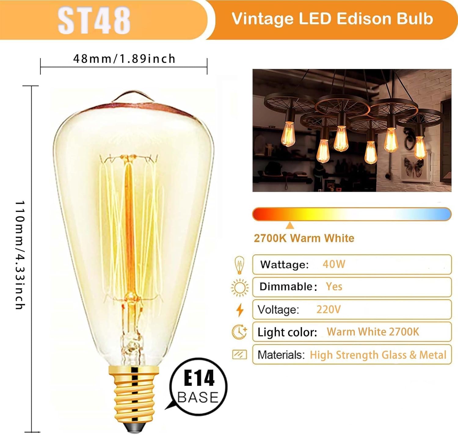 3 Pack ST48 Filament Bulbs 40W
