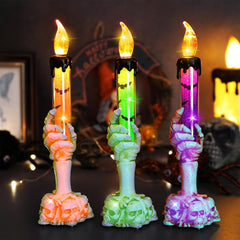 3 Pieces Halloween Candle Lights Halloween Decoration, LED Candles Green Orange Purple Halloween Lights with Skeleton Hand Halloween Ornaments