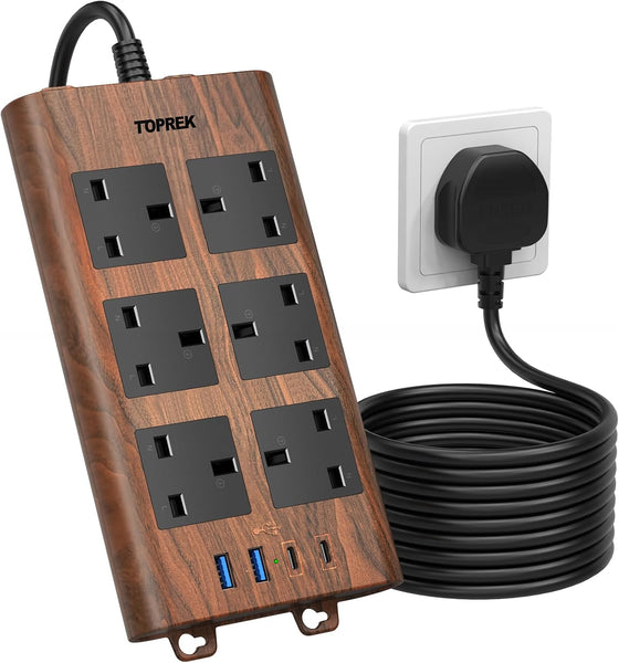 Wood Grain 6-Way Extension Lead with 4 USB (2A+2C), Surge Protection, 2M – Brown