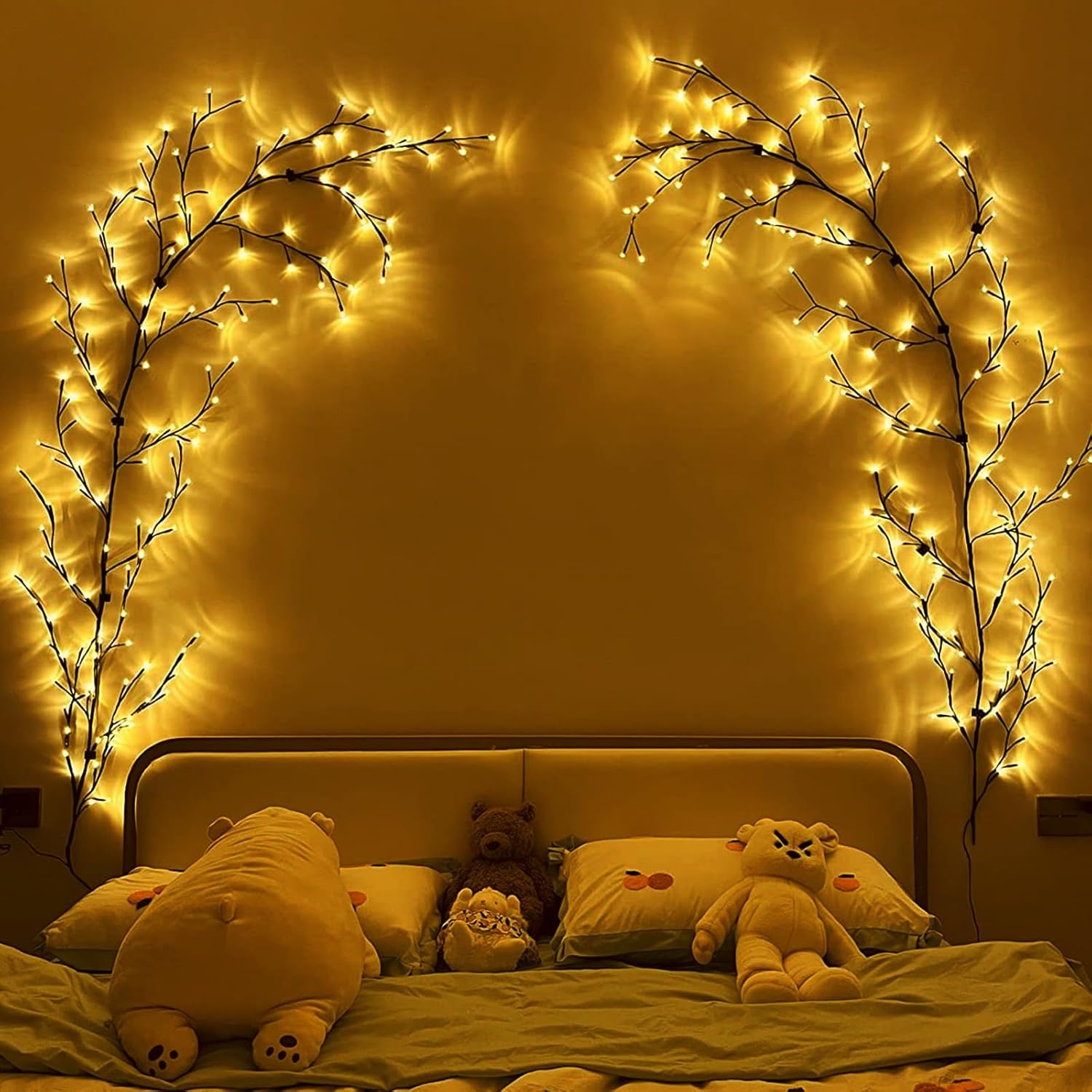 Warm White LED Willow Vine Wall Lights Set of 2, Plug-In Twig Fairy Lights for Indoor Bedroom and Living Room Décor