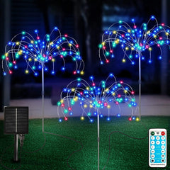 3-Piece Solar Fireworks Garden Lights, 120 LEDs, Remote Control, 8 Modes, Waterproof, Multicolor for Lawn, Backyard, Pathway