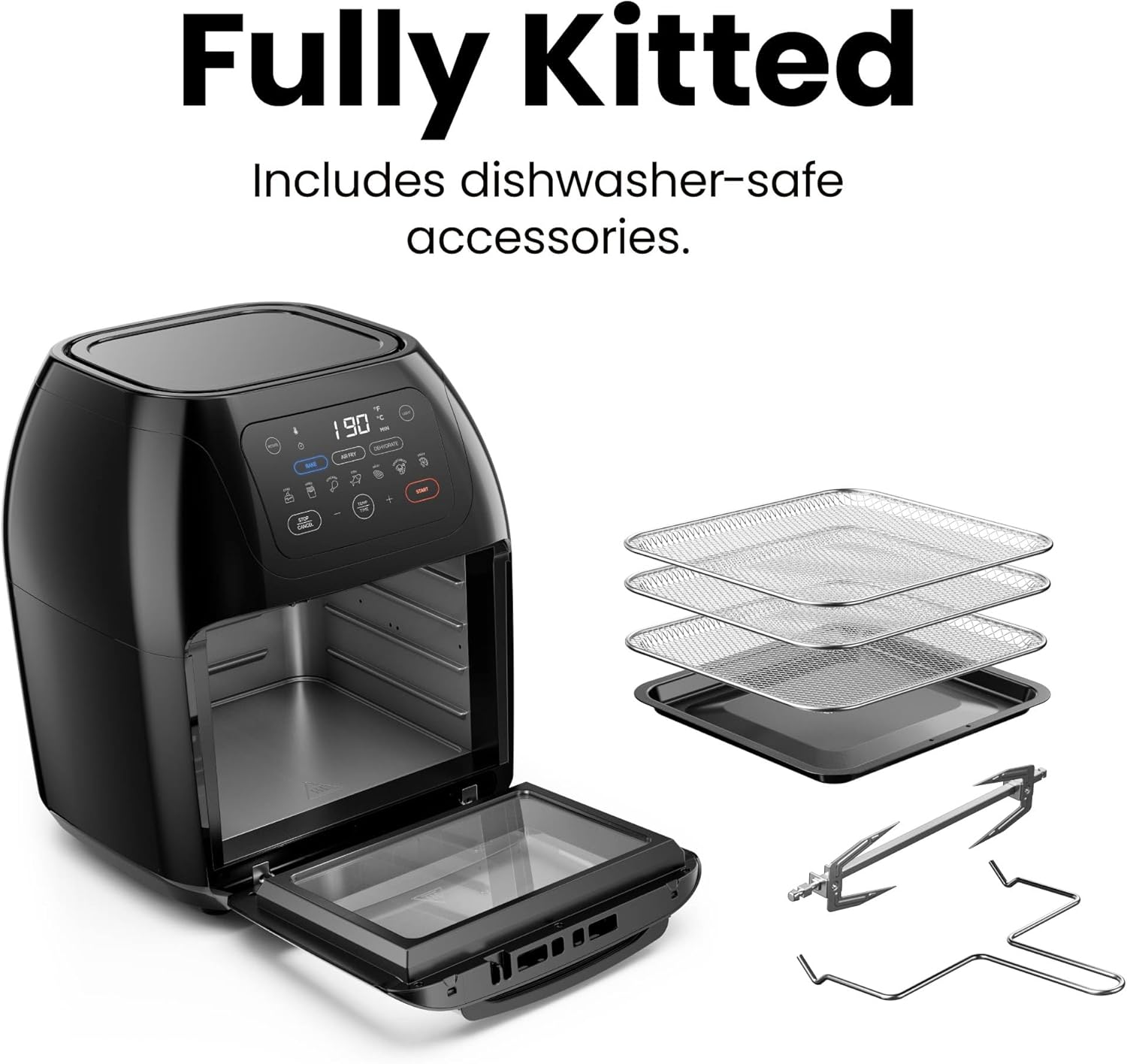 5-in-1 Air Fryer Oven with Rotisserie 10L, 1800W – 17 Presets, Bake, Roast, Dehydrate, Family Size with View Window