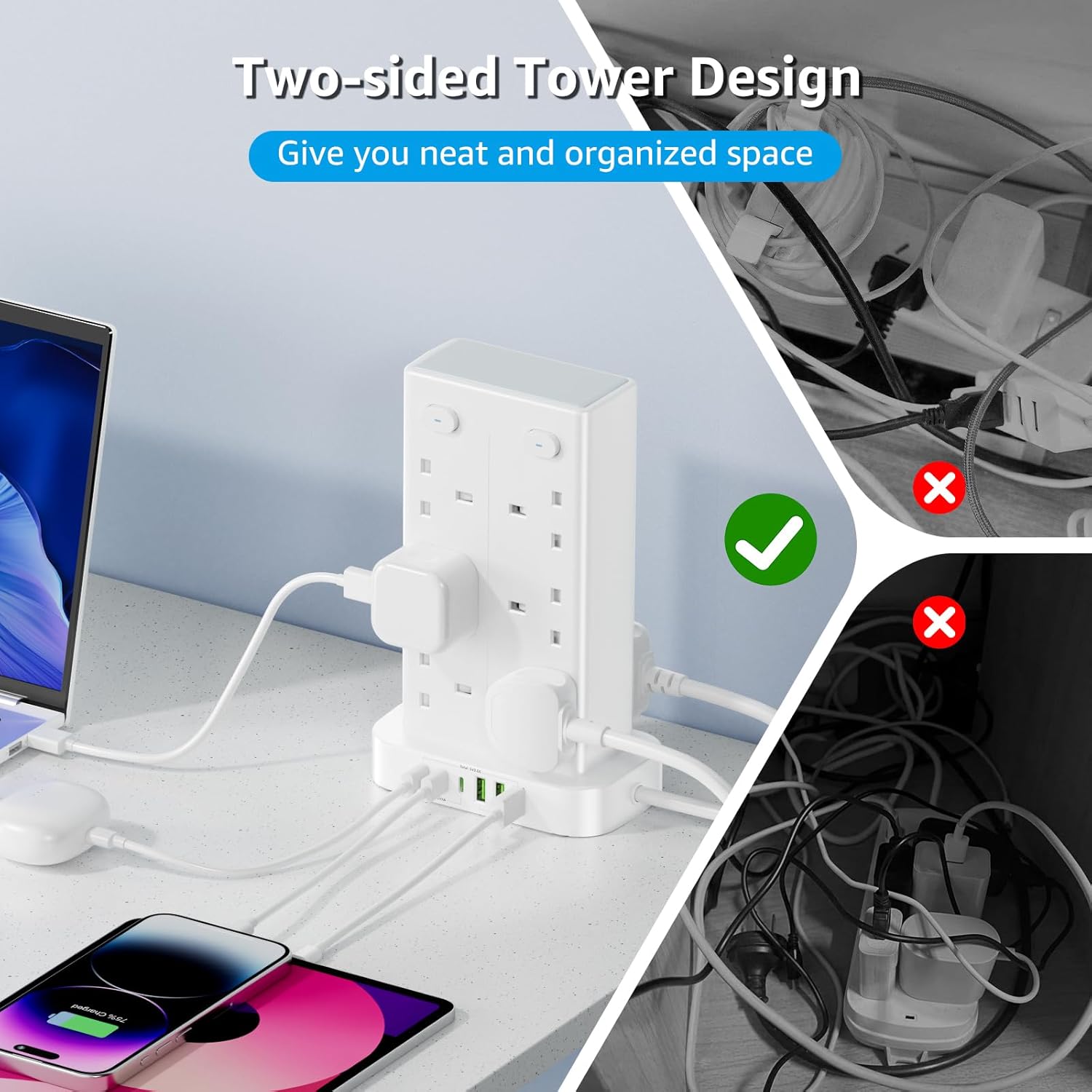 12-Way Tower Extension Lead 3M with 3 USB-C & 3 USB-A Ports, 4 Switches, 13A 3250W