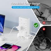 12-Way Tower Extension Lead 3M with 3 USB-C & 3 USB-A Ports, 4 Switches, 13A 3250W