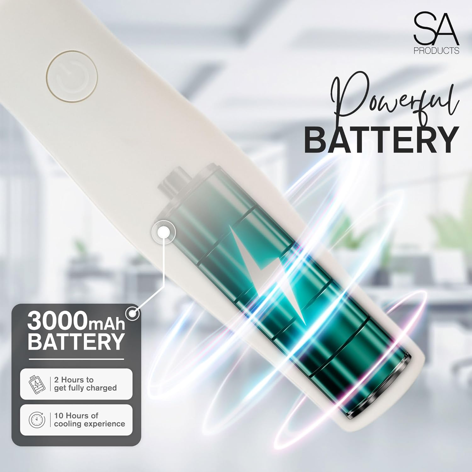 SA Products Handheld Fan with 3 Speeds | 3000 mAh USB Rechargeable Portable Mini Fan with Stand | Desk & Handheld Use – White