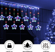 LED Star Curtain Lights 3.5M x 3.5M, Multicoloured Christmas Window Fairy Lights with 8 Flashing Modes, USB + Battery Powered 3D Twinkle Curtain String Lights for Indoor Xmas Party Decor