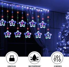 LED Star Curtain Lights 3.5M x 3.5M, Multicoloured Christmas Window Fairy Lights with 8 Flashing Modes, USB + Battery Powered 3D Twinkle Curtain String Lights for Indoor Xmas Party Decor