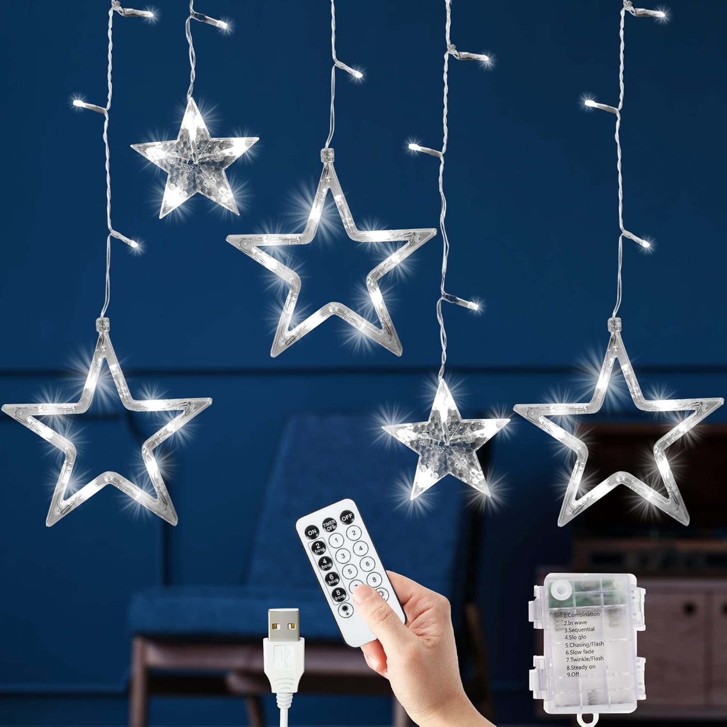 Christmas Curtain Lights, 12 Star & 138 LED Lights - Christmas Star Light, 8 Modes | Christmas Window Lights, Fairy Lights, USB & Battery Christmas Lights for Indoor Christmas Decorations