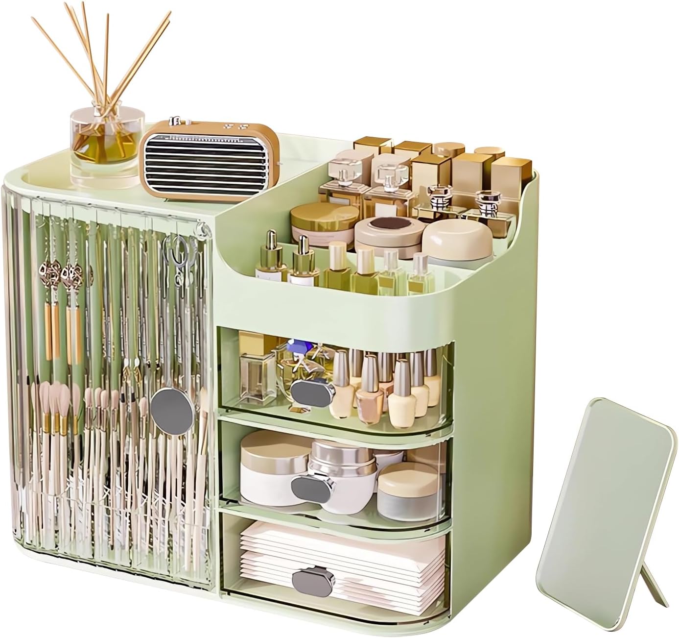 Large Capacity Green Makeup Organizer with Mirror, 3-Drawer Dustproof Cosmetic Box