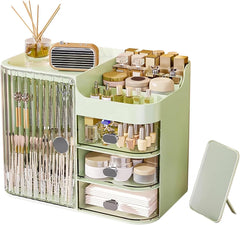 Large Capacity Green Makeup Organizer with Mirror, 3-Drawer Dustproof Cosmetic Box