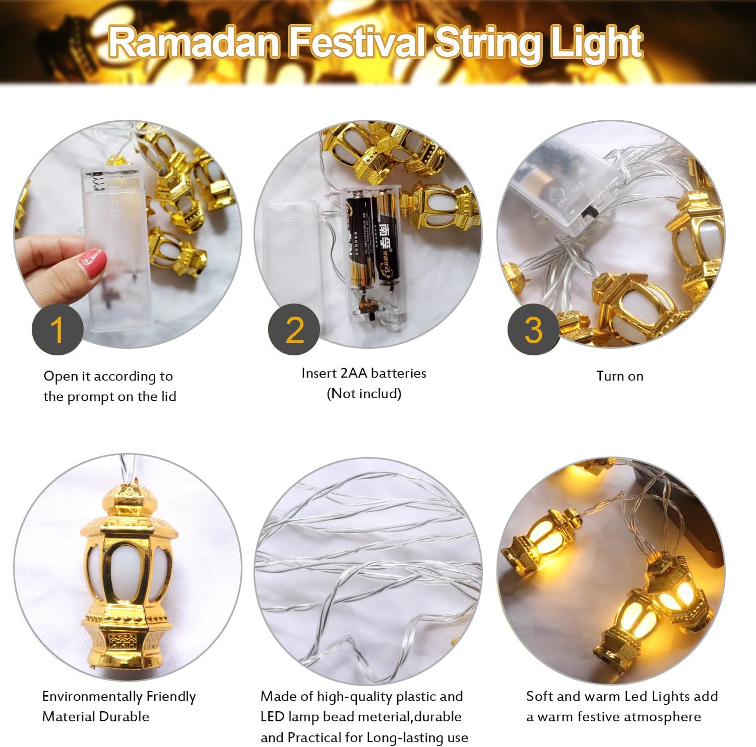 Ramadan Eid Mubarak String Lights – 5.4ft LED Fairy Lights with 10 Warm White LEDs, Battery Powered Indoor & Outdoor Decoration