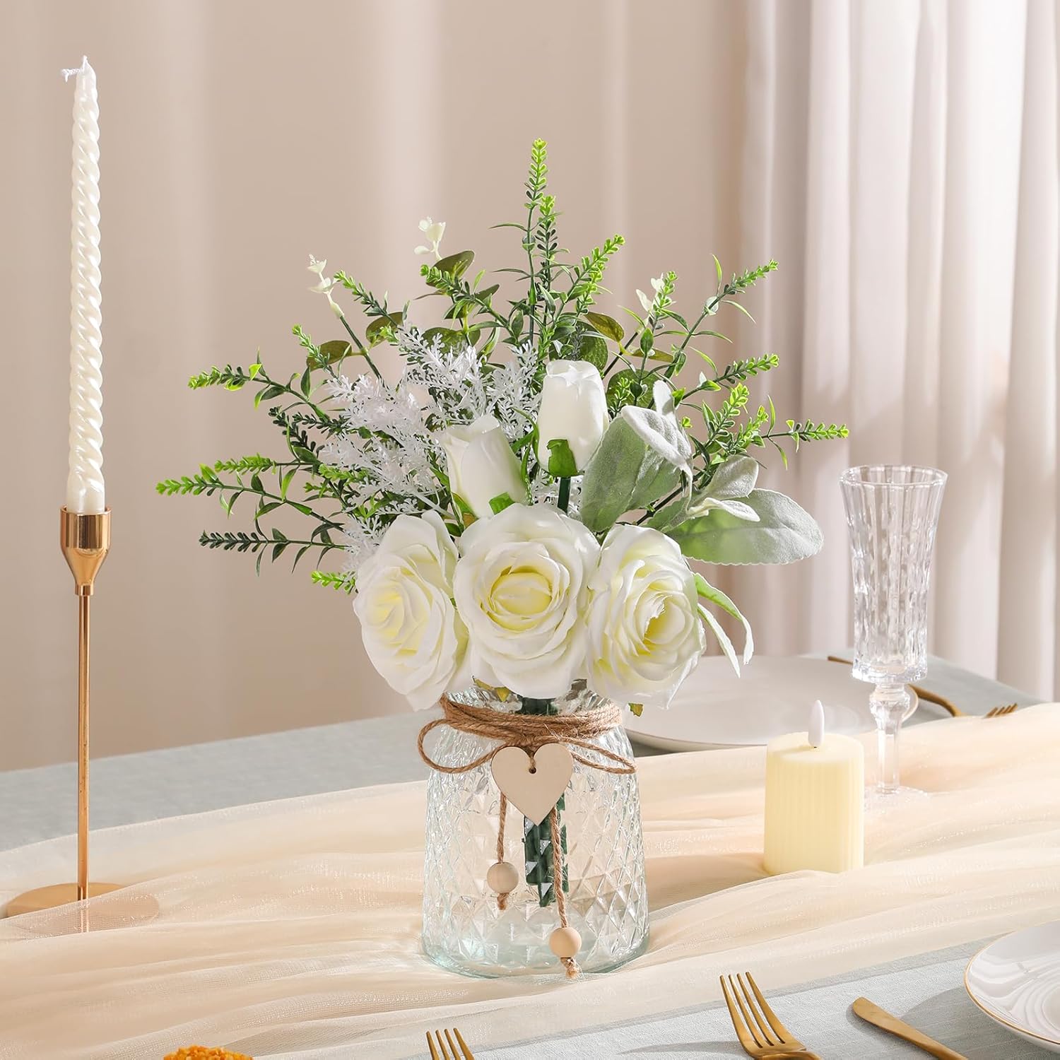 Floralsecret White Rose Faux Flowers with Vase – Artificial Floral Arrangement Décor