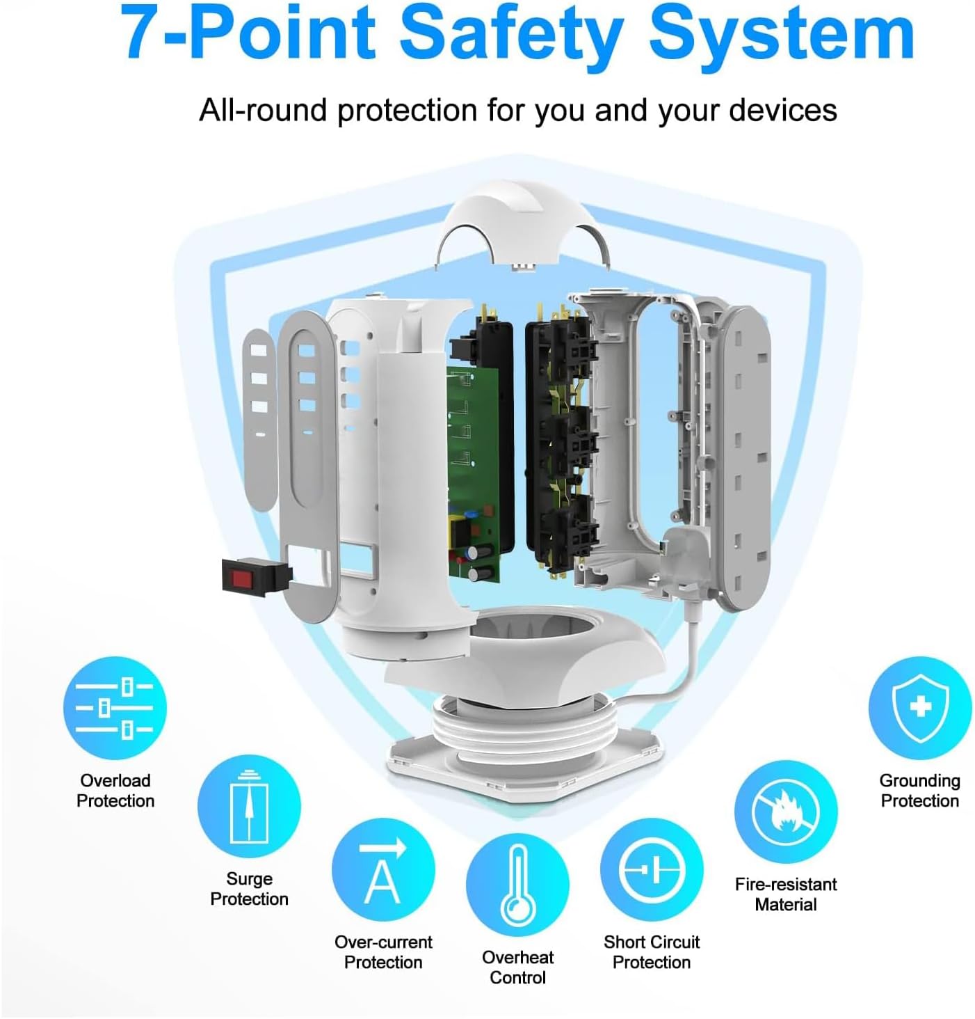 Tower Extension Lead with Surge Protection, 9 AC Outlets & 4 USB Ports, 1.65M Retractable Cable, Multi Plug Power Strip Tower