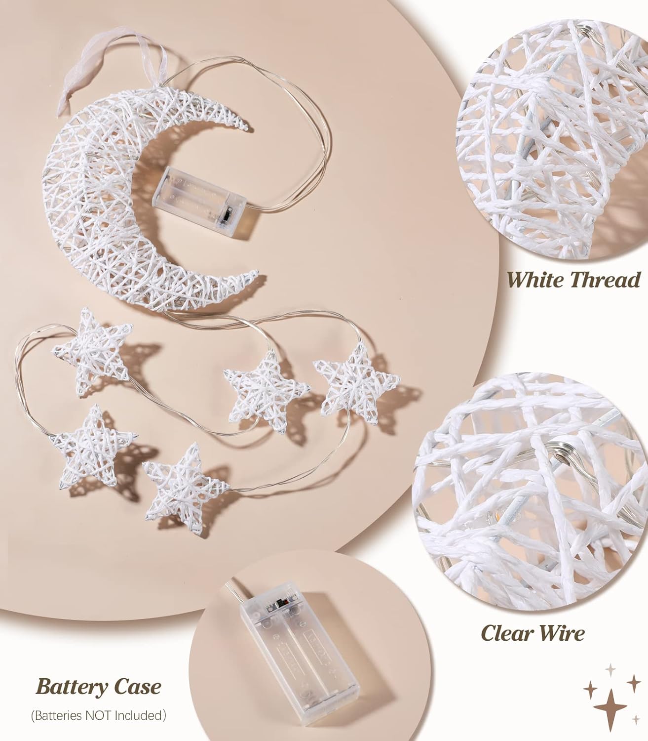 Hanging Moon & Star Fairy Lights, Battery Operated Indoor Decorative Lights with Timer for Bedroom, Window & Ramadan Décor