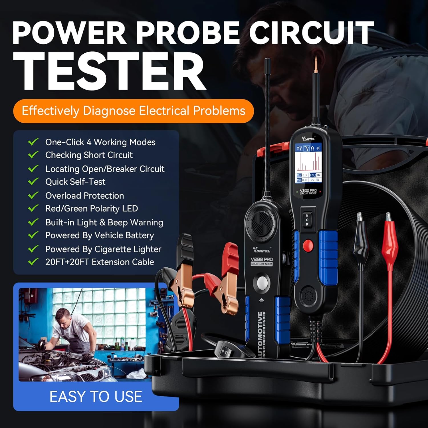 VDIAGTOOL V200 PRO Upgrade Kit Automotive Power Circuit Probe Tester with 30PCS Back Probe,12/24V Car Electric Open Short Circuit Break Finder,AC/DC Voltage Component Relay Fuse Test 40Ft Cable Tracer