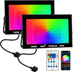 100W RGB LED Flood Lights, Colour Changing LED Security Garden Light with Remote Control, 16 Colours & 4 Modes, Waterproof Floodlight with UK Plug & Remote Control, Pack of 2