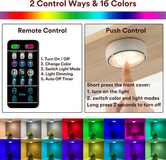 Under Cabinet LED Puck Lights Battery Powered Stick-On RGB Kitchen Closet Lighting with Remote 2 Pack