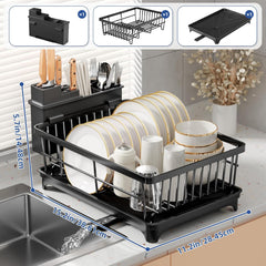 Purkeep Dish Drying Rack with Utensil Holder & Draining Board – Space-Saving, Black