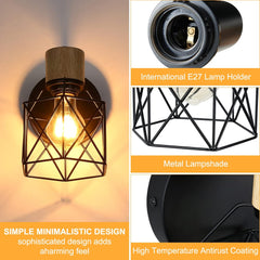 Lightess Industrial Wooden Wall Lamp – Retro Metal Cage Adjustable Wall Sconce, Indoor E27