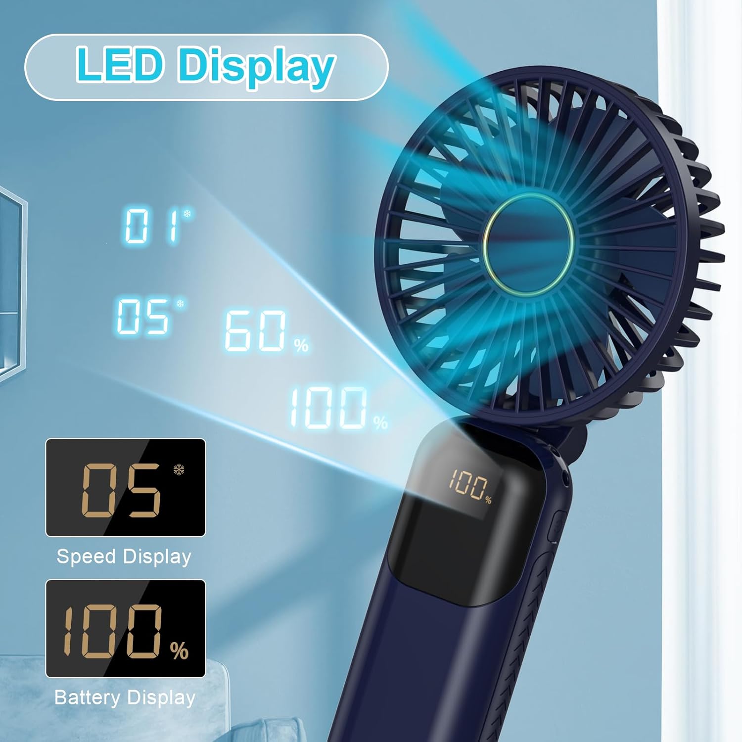 Handheld Fan Rechargeable, Portable Mini Fan Handheld with 5 Speeds 5000mah, Electric USB Small Hand Held Fans, Powerful Personal Fan Foldable Fans for Outdoor Office Travel Camping School Home