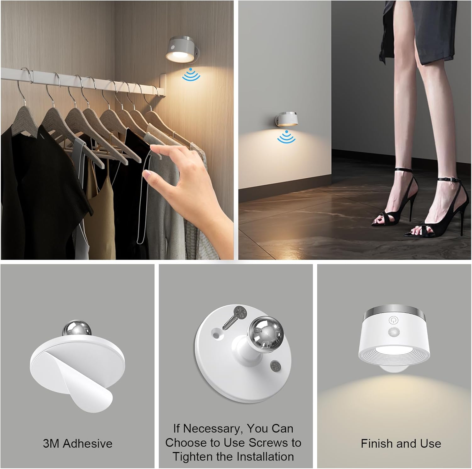 Collage of a wall-mounted light fixture with installation instructions and usage scenarios.