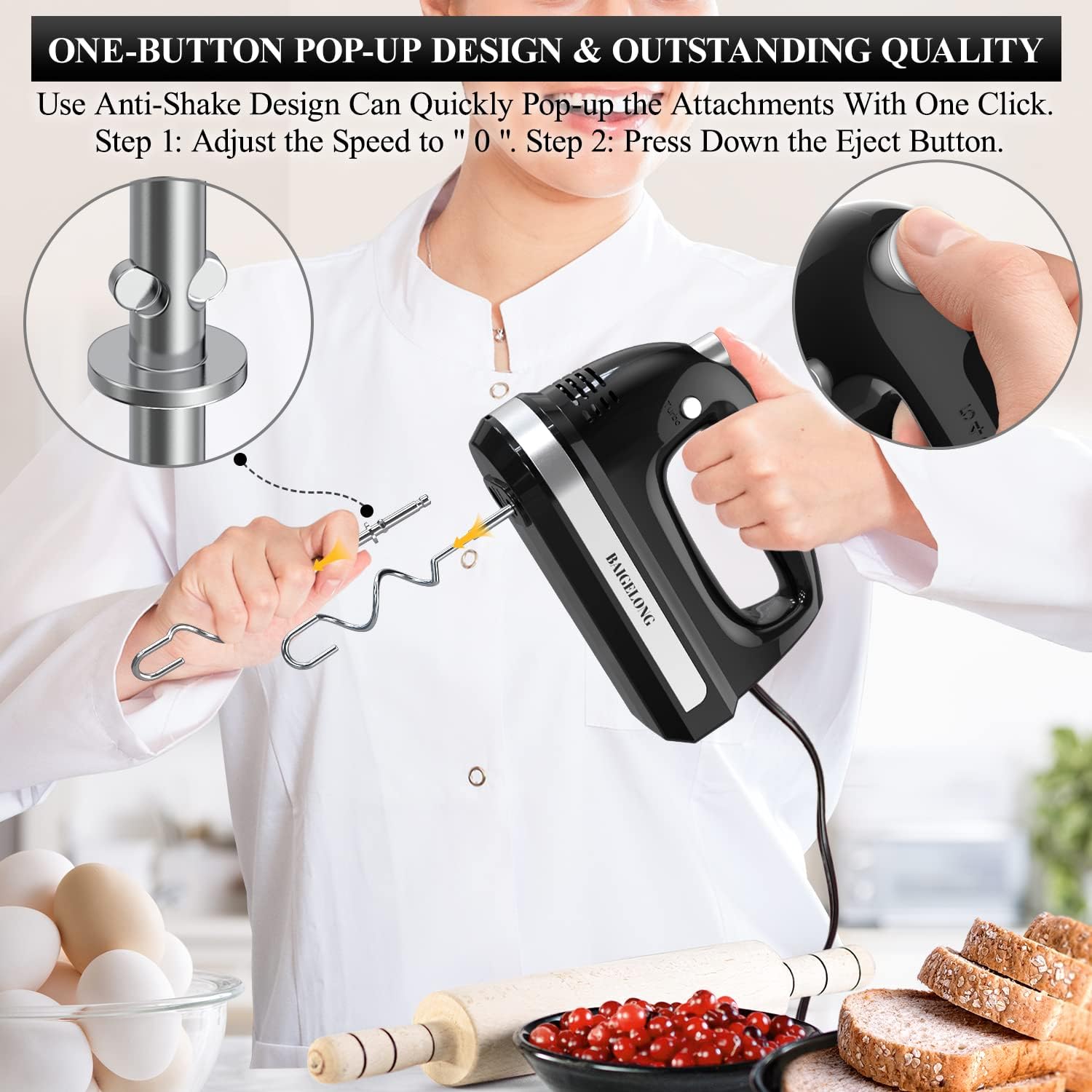 Hand Electric Mixer 300W – 5 Speeds + Turbo Boost, 5 Stainless Steel Attachments, Handheld Blender for Baking – Black