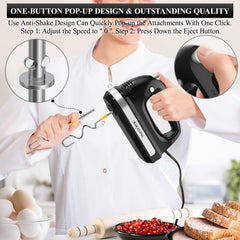 Hand Electric Mixer 300W – 5 Speeds + Turbo Boost, 5 Stainless Steel Attachments, Handheld Blender for Baking – Black