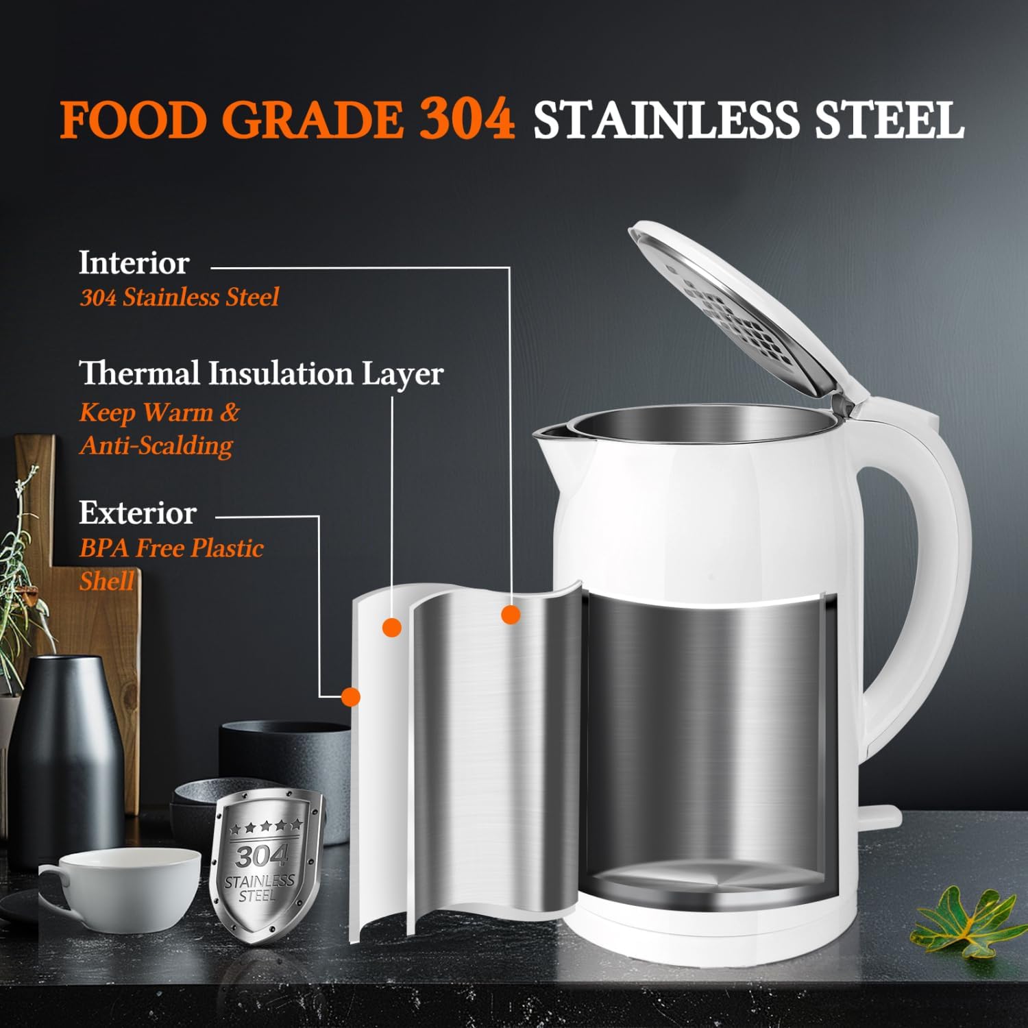 Taylor Swoden 1.5L Electric Kettle – Double Wall Insulated Cordless Kettle, 2200W Fast Boil, Cool Touch, Quiet Boiling, White