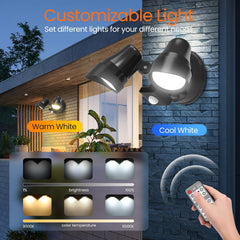 Two outdoor wall lights with customizable light settings on a building exterior.