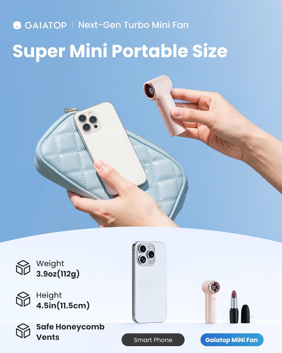 gaiatop Mini Portable Handheld Fan, 4000mAh [15h Max Cooling] Personal Turbo Fans Pocket Size, 1-100 Adjustable Small Hand Fan Desk fan, Outdoor Holiday Travel Essentials for Women, Summer Gifts, Pink