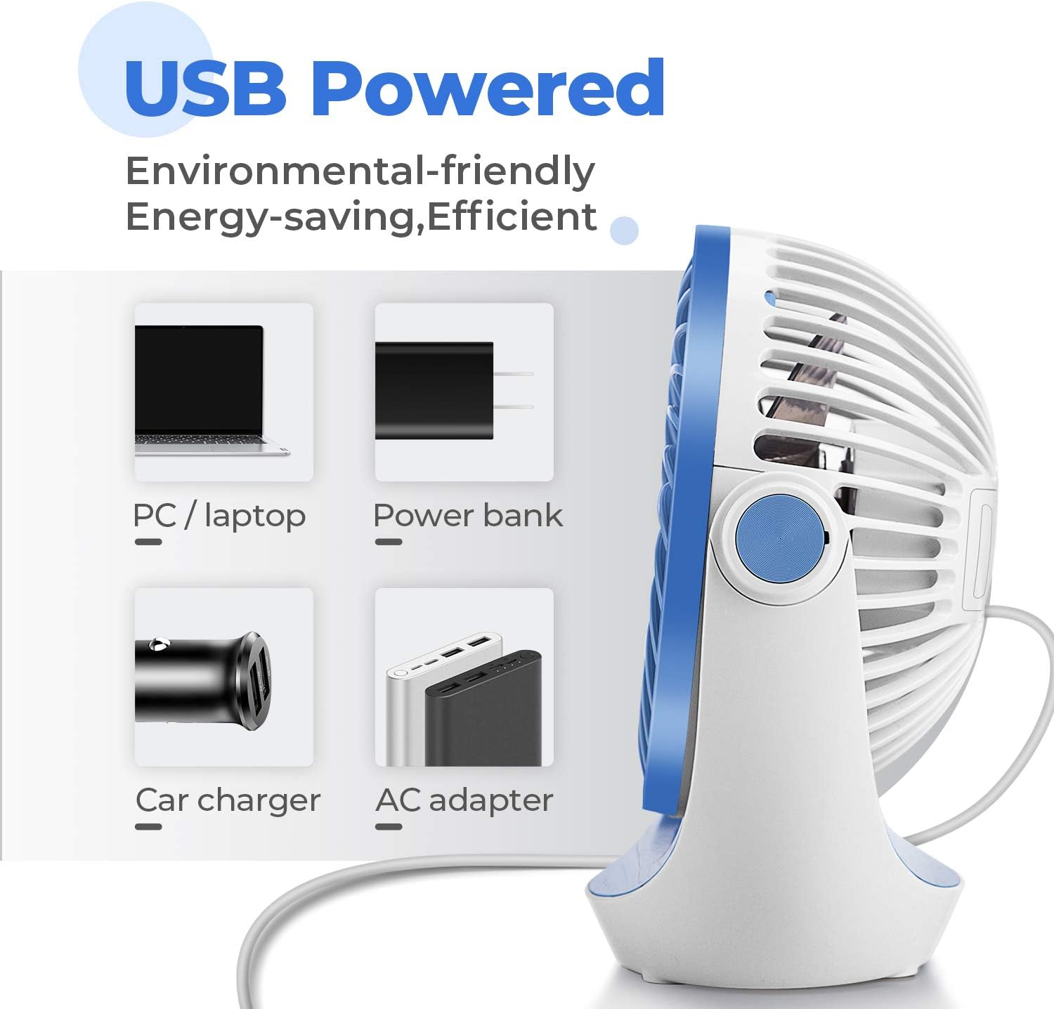 OCOOPA USB Desk Fan Table Fan with Strong Airflow & Quiet Operation, Portable Cooling Fan Speed Adjustable 360°Rotatable Head for Home Office Bedroom Table and Desktop