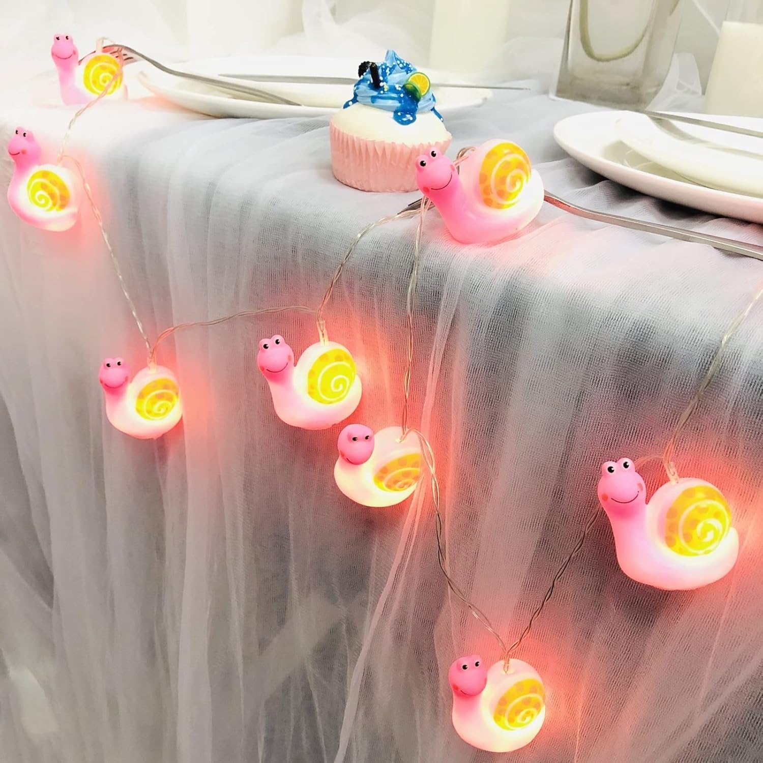 Cute Pink Snail String Lights, Battery Operated, 1.65m with 10 LEDs, Ideal for Festival Decor, Kid's Room Night Light, and Children's Room Decoration