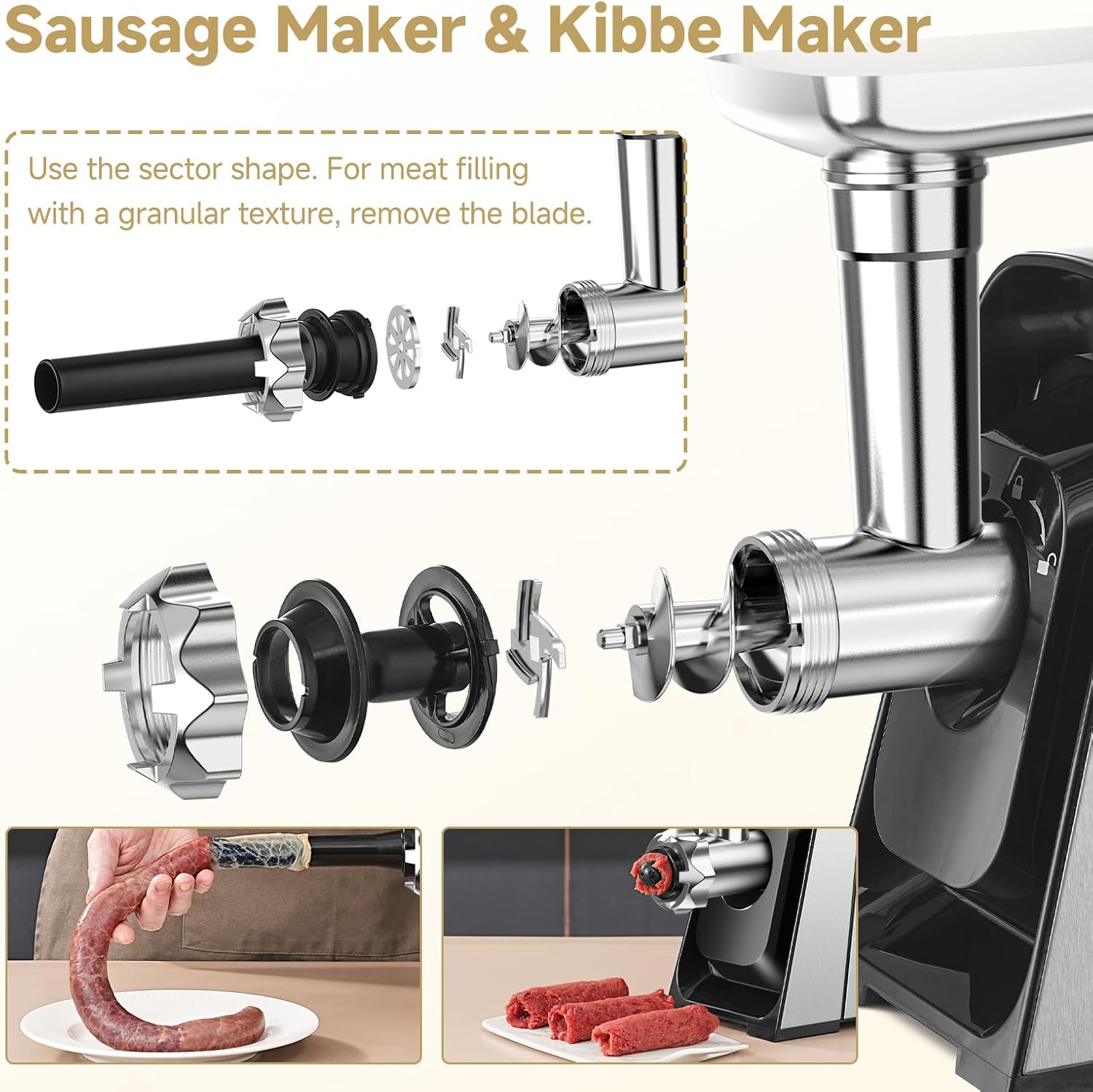 AAOBOSI 3000W Electric Meat Grinder, Powerful Meat Mincer with 2 Blades, 4 Grinding Plates, Sausage Maker & Kibbe Kit – Silver