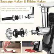 AAOBOSI 3000W Electric Meat Grinder, Powerful Meat Mincer with 2 Blades, 4 Grinding Plates, Sausage Maker & Kibbe Kit – Silver