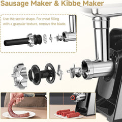 AAOBOSI 3000W Electric Meat Grinder, Powerful Meat Mincer with 2 Blades, 4 Grinding Plates, Sausage Maker & Kibbe Kit – Silver