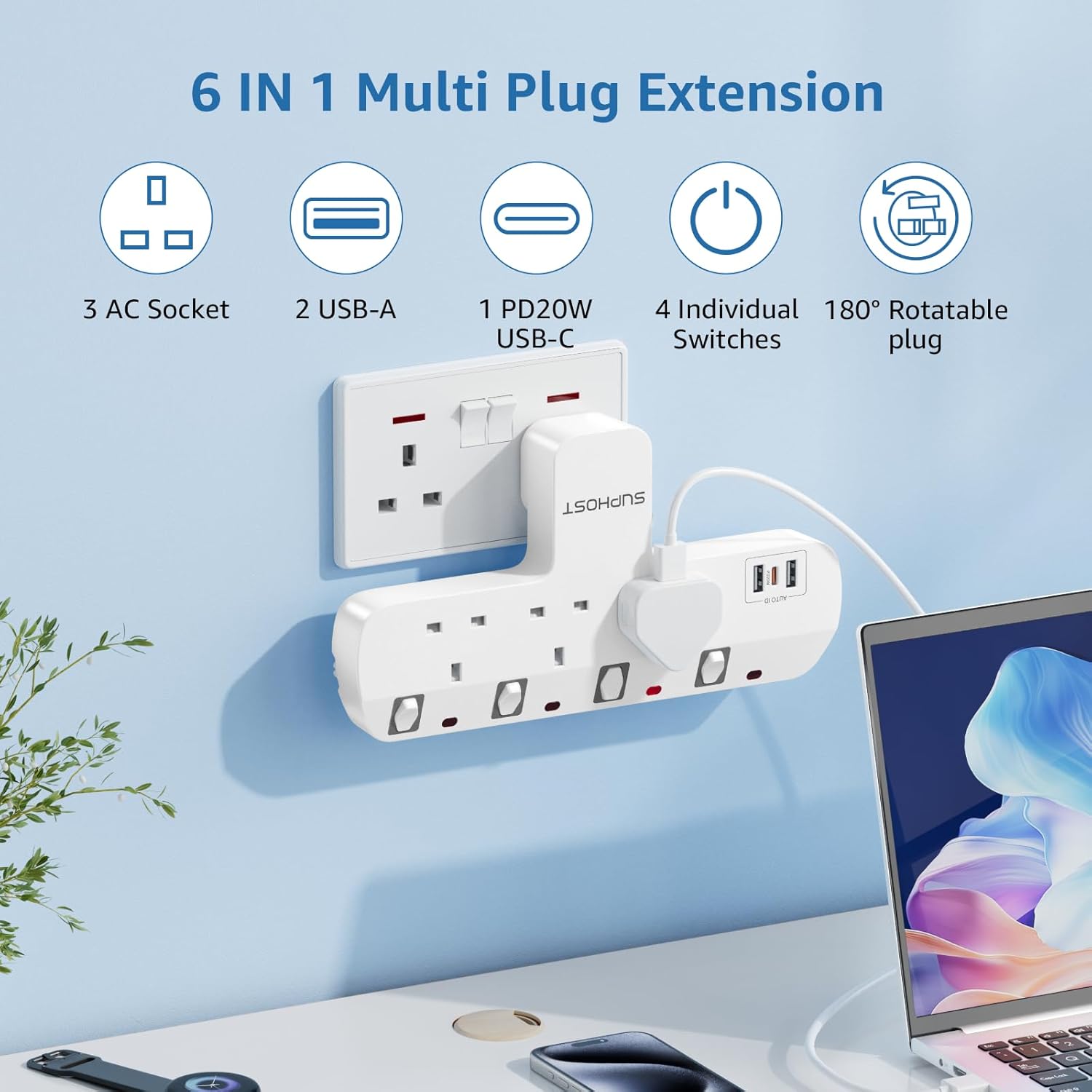 3-Way Plug Extension Socket with 180° Rotating Plug, 2 USB-A & 1 USB-C PD 20W, 13A Adapter