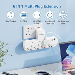 3-Way Plug Extension Socket with 180° Rotating Plug, 2 USB-A & 1 USB-C PD 20W, 13A Adapter