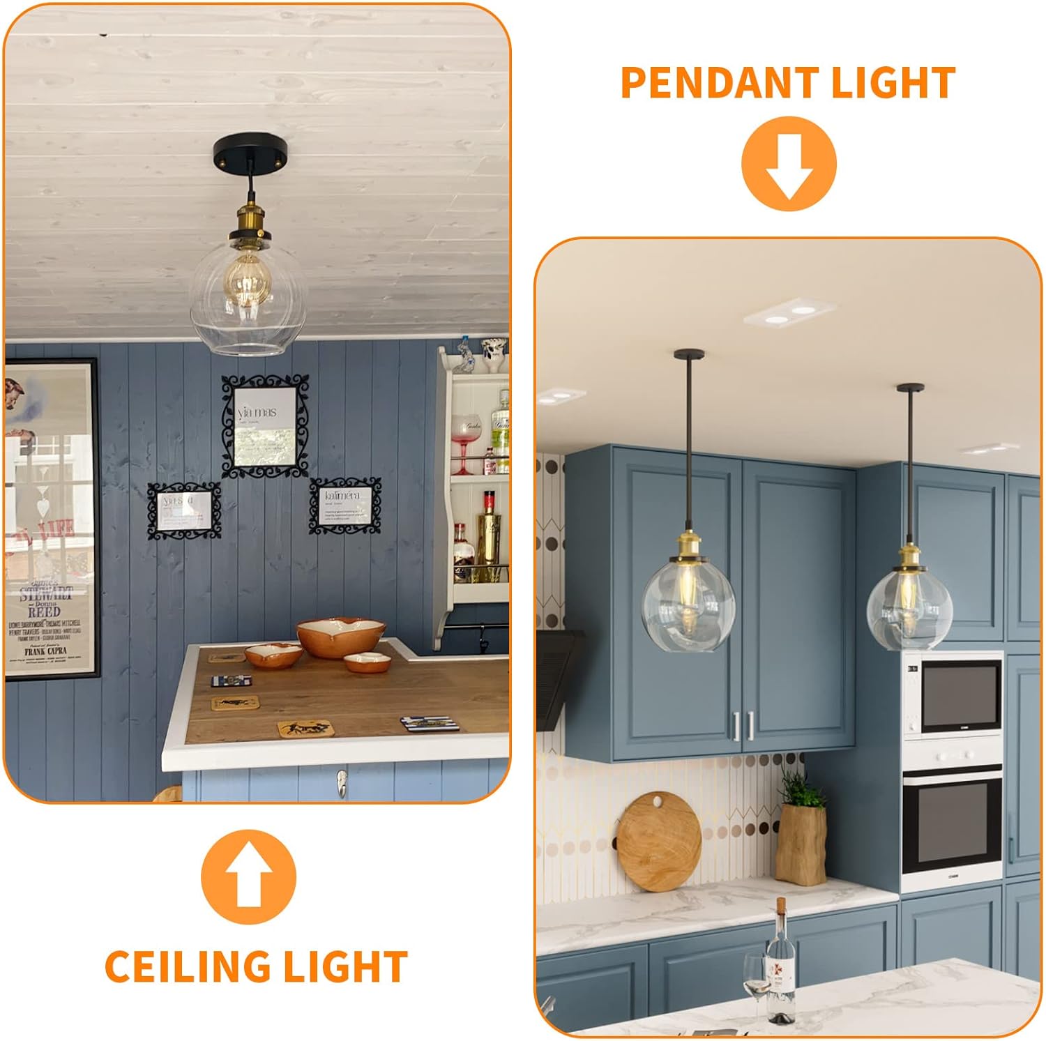 Vintage Pendant Light, 20cm Industrial Clear Glass Ceiling Hanging Fixture for Kitchen Island, Bedroom, Hallway