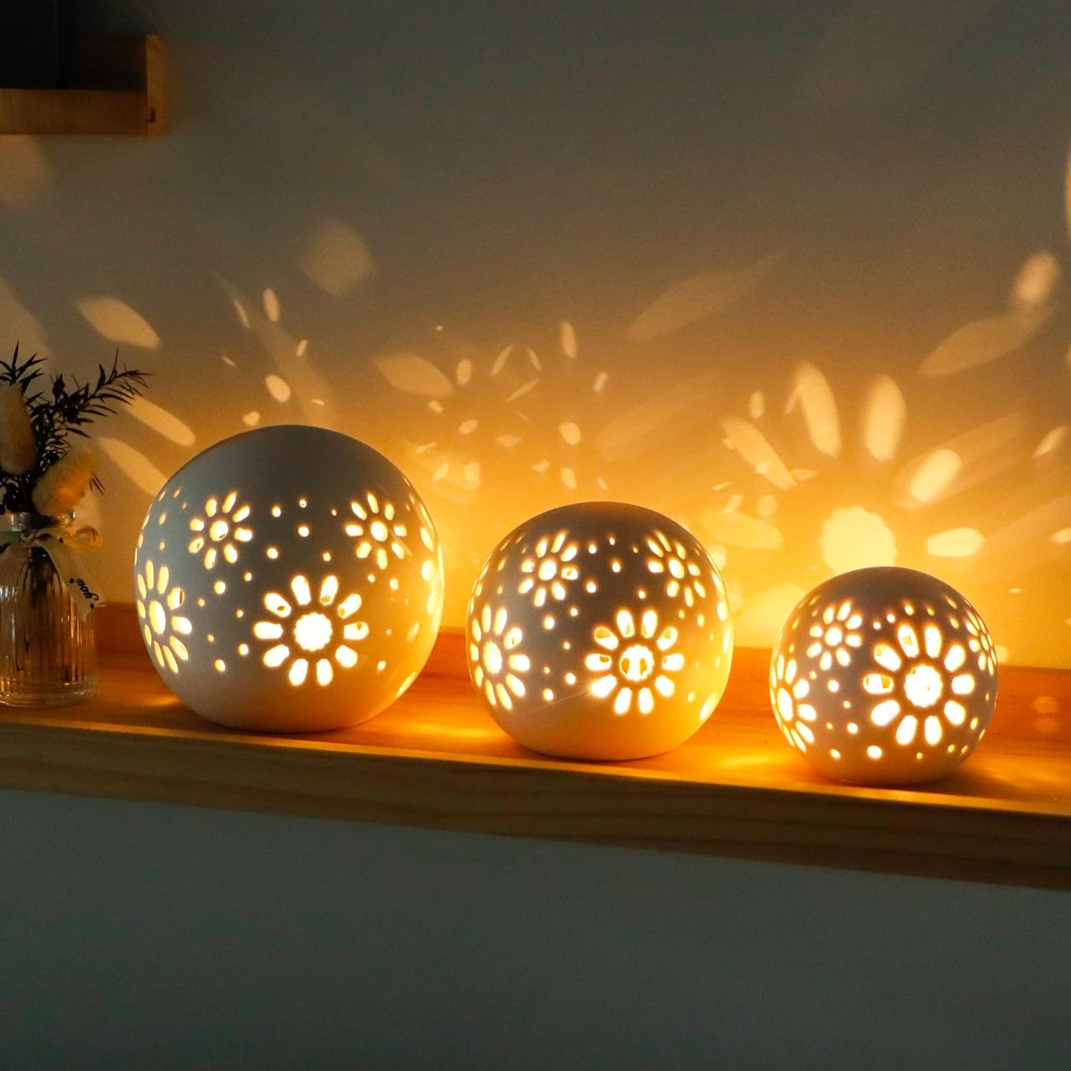 Set of 3 Ceramic Floral Carved Battery Powered Lantern Lamps, Cordless Decorative Table Lights for Living Room, Bedroom, Weddings, Parties & Outdoor Decor (Round)