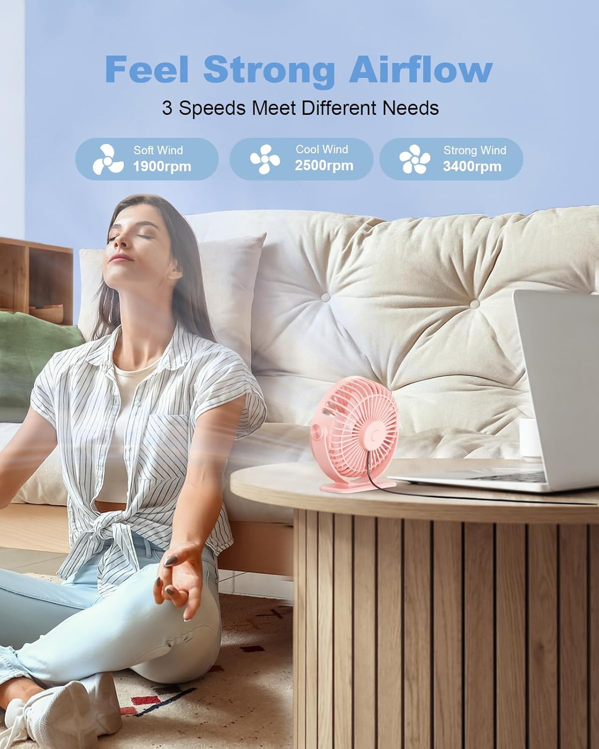TriPole Desk Fan for Home, Portable USB Handheld Fan 3 Speeds Powerful Table Fan Silent, 360°Adjustable Mini Cooling Fans, Electric small Desktop Quiet Fans for Bedroom, Office, Library, Travel,Pink