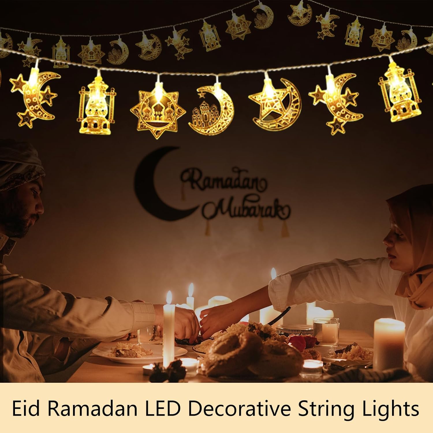 Ramadan Eid Mubarak String Lights – 1.5M Star Moon LED Fairy Lights with 10 LEDs, Battery Powered Decoration for Home & Parties