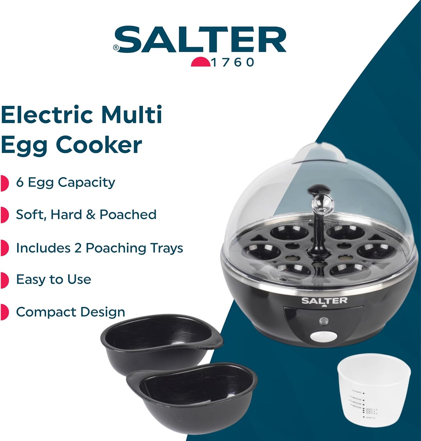 Salter Electric Egg Cooker – 6 Egg Boiler with Poaching Trays, Soft & Hard Boiled Eggs, Measuring Cup, Easy Clean, 430W