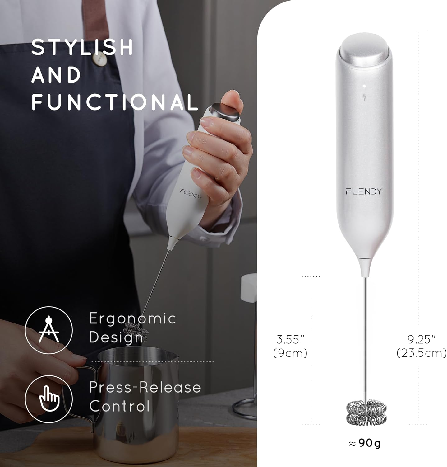 Rechargeable Milk Frother Handheld with USB-C Charging Stand Silver