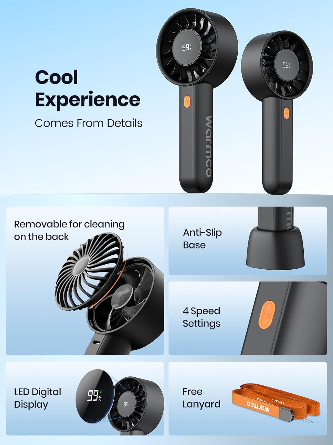 Warmco Portable Handheld Fan 5000mAh, Mini Turbo Fan with LED Display & Base, High Speed USB Rechargeable Personal Fan, Small Pocket Size for Travel, Makeup, Office, Outdoor